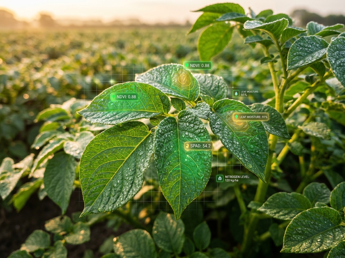 Healthy crop leaves with scientific precision farming aesthetic