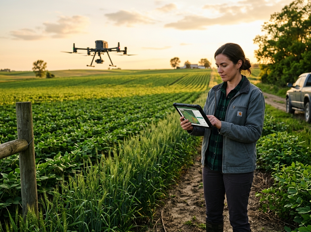 Farmer using a tablet while a drone monitors crops